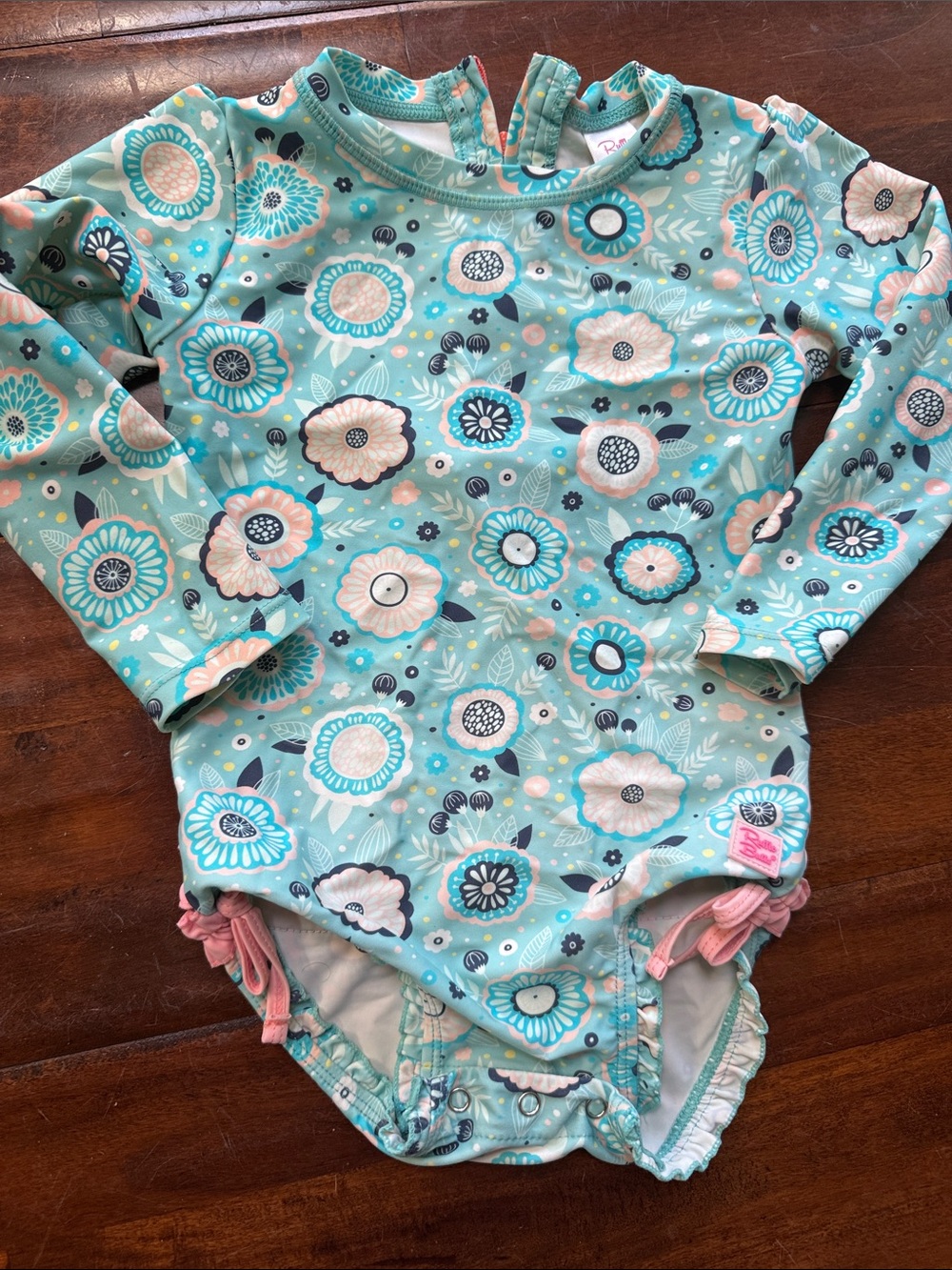 Ruffle Butts Teal Floral Long-Sleeve Kids Swim One-Piece